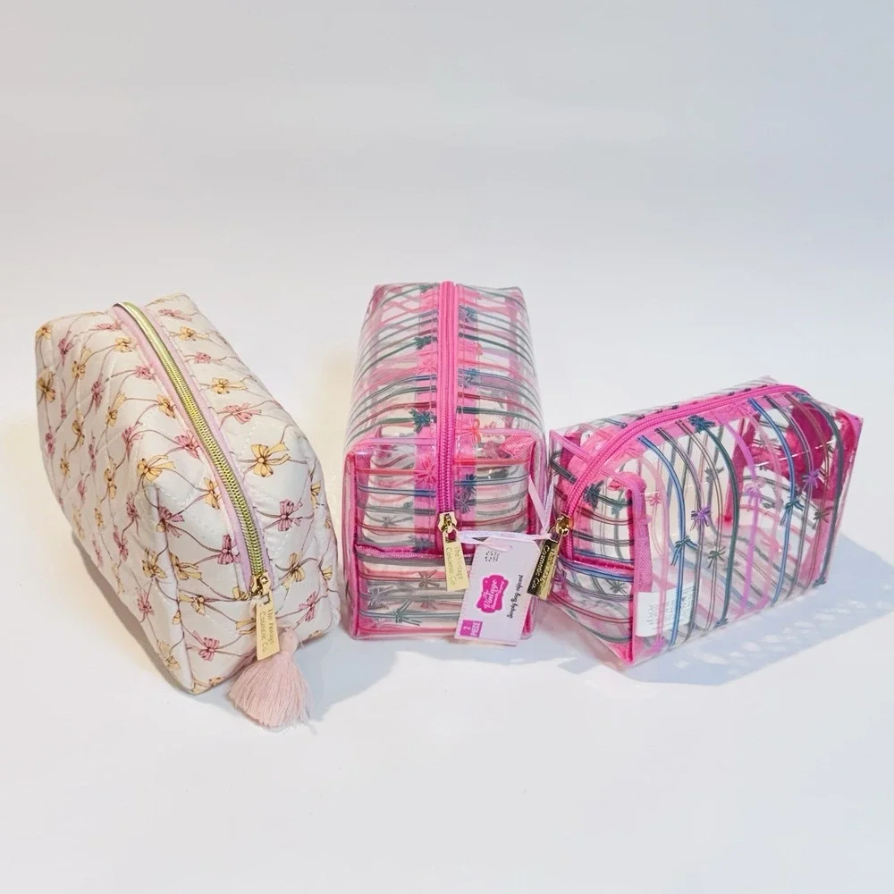 NWT The Vintage Cosmetic Co Lot of‎ 3 Makeup Bags Plastic & Quilted Pink Bows
